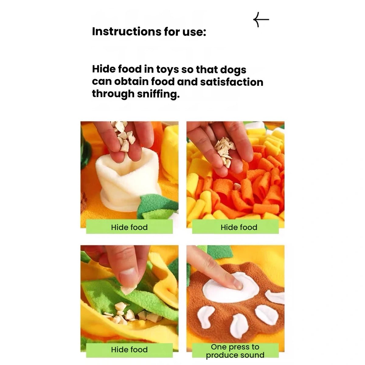 Illustrated steps for hiding food in a snuffle mat