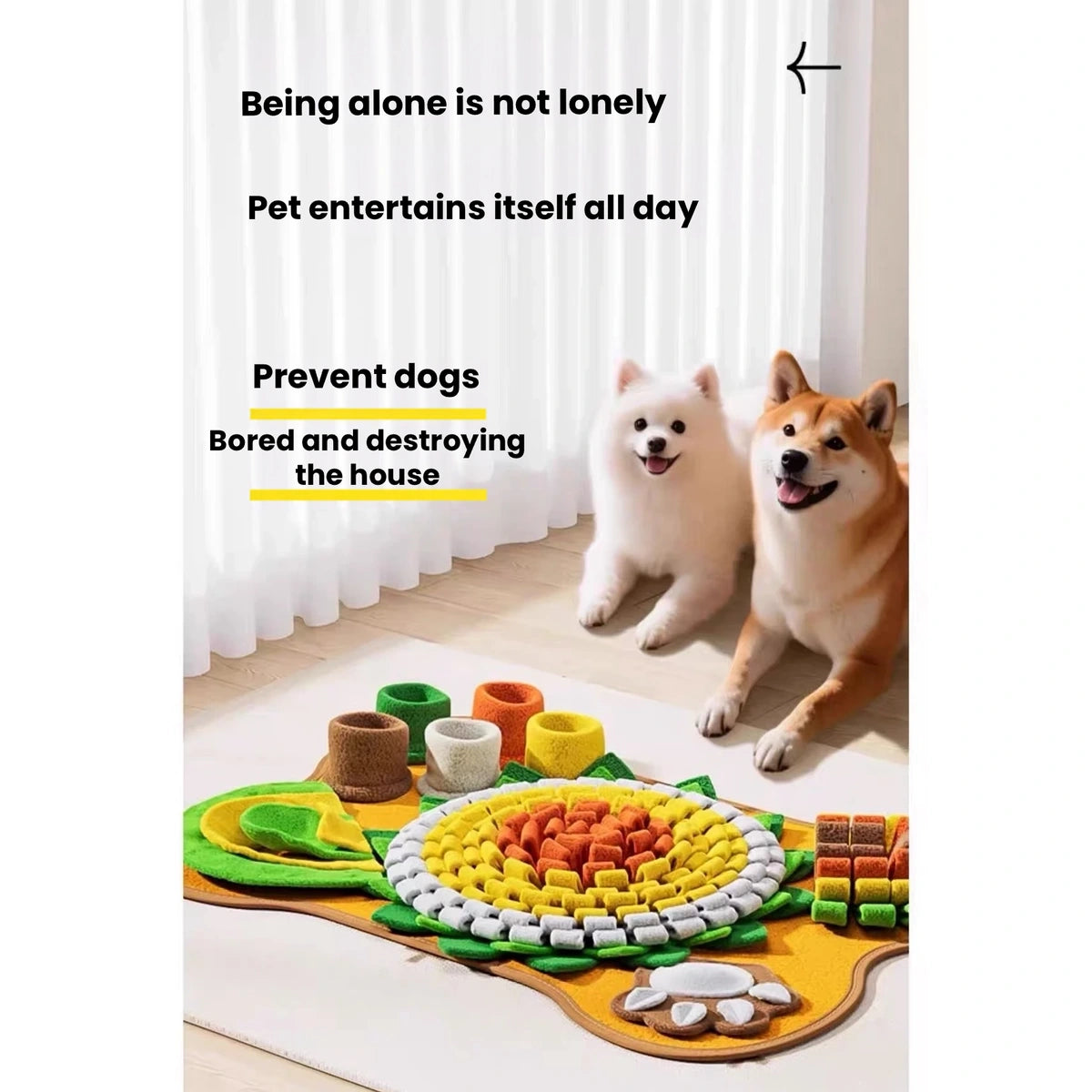 Dogs and snuffle mat in a product illustration