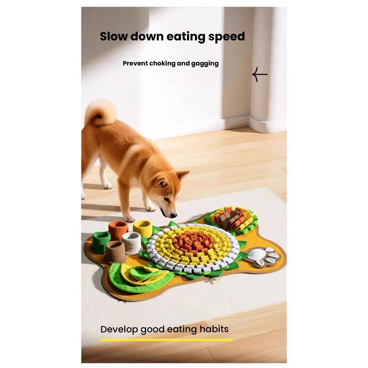 Small dog searching for treats in the snuffle mat