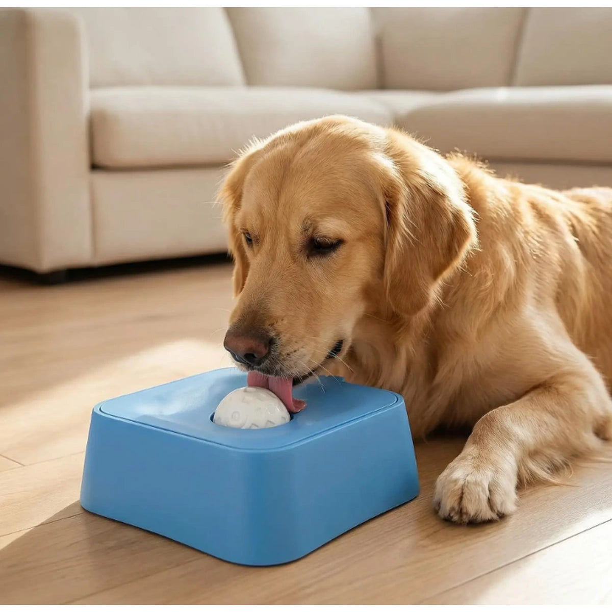 Dog licking food from blue slow-feeder bowl