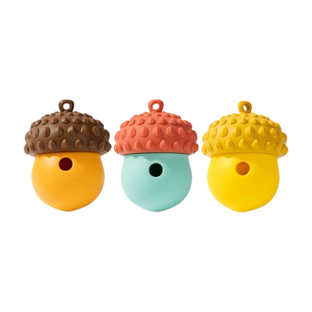 Three acorn treat ball colour options