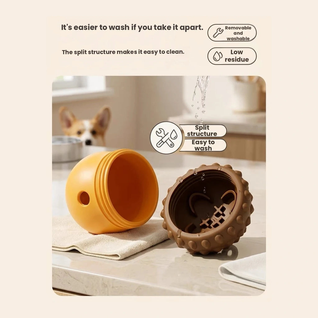 Open acorn treat ball showing internal compartment
