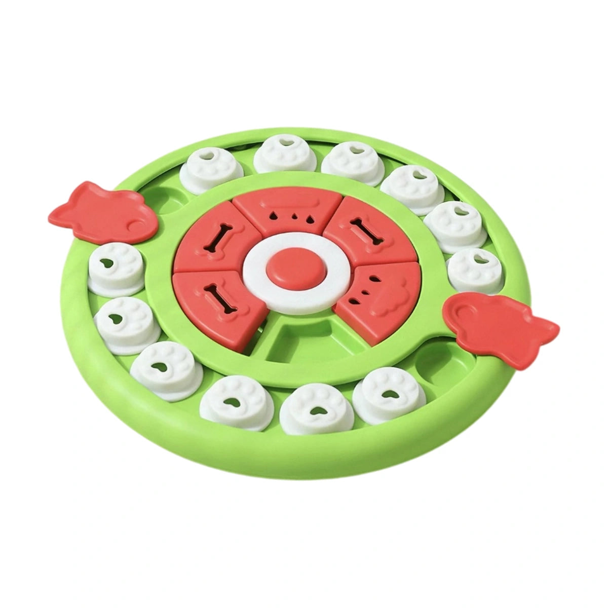 Green circular dog treat puzzle with movable white pieces