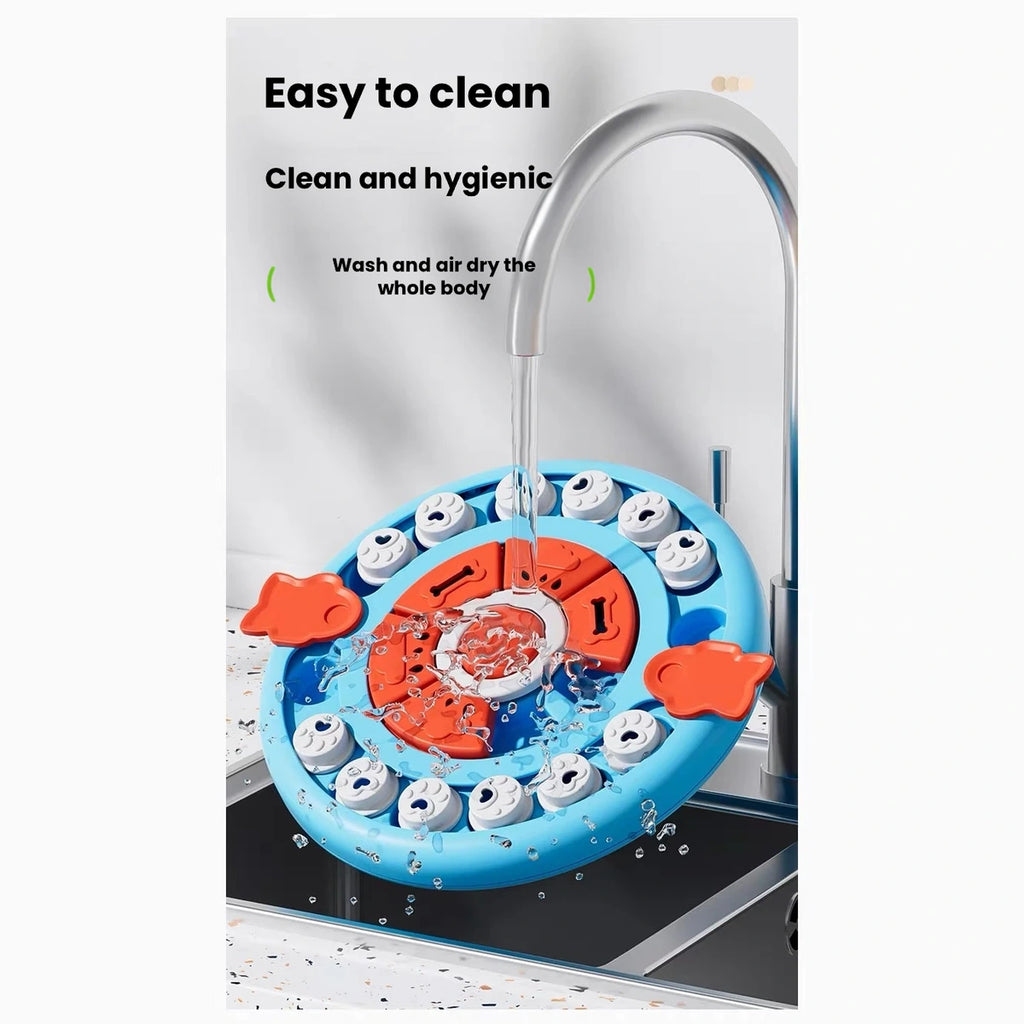 Blue circular treat puzzle shown being rinsed