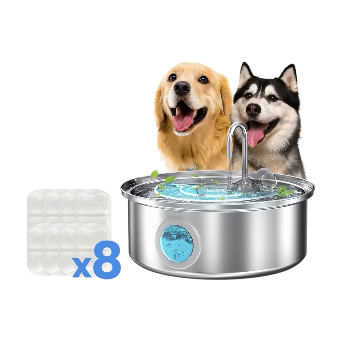 Oneisall fountain with dogs and filter quantity graphic