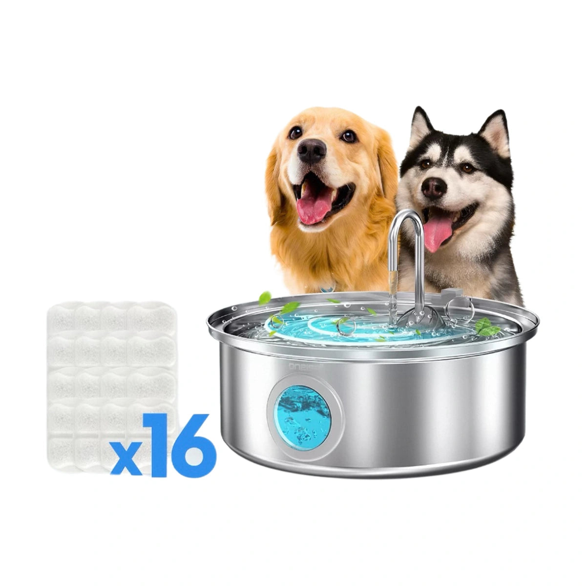 Oneisall water fountain with dogs and filters graphic