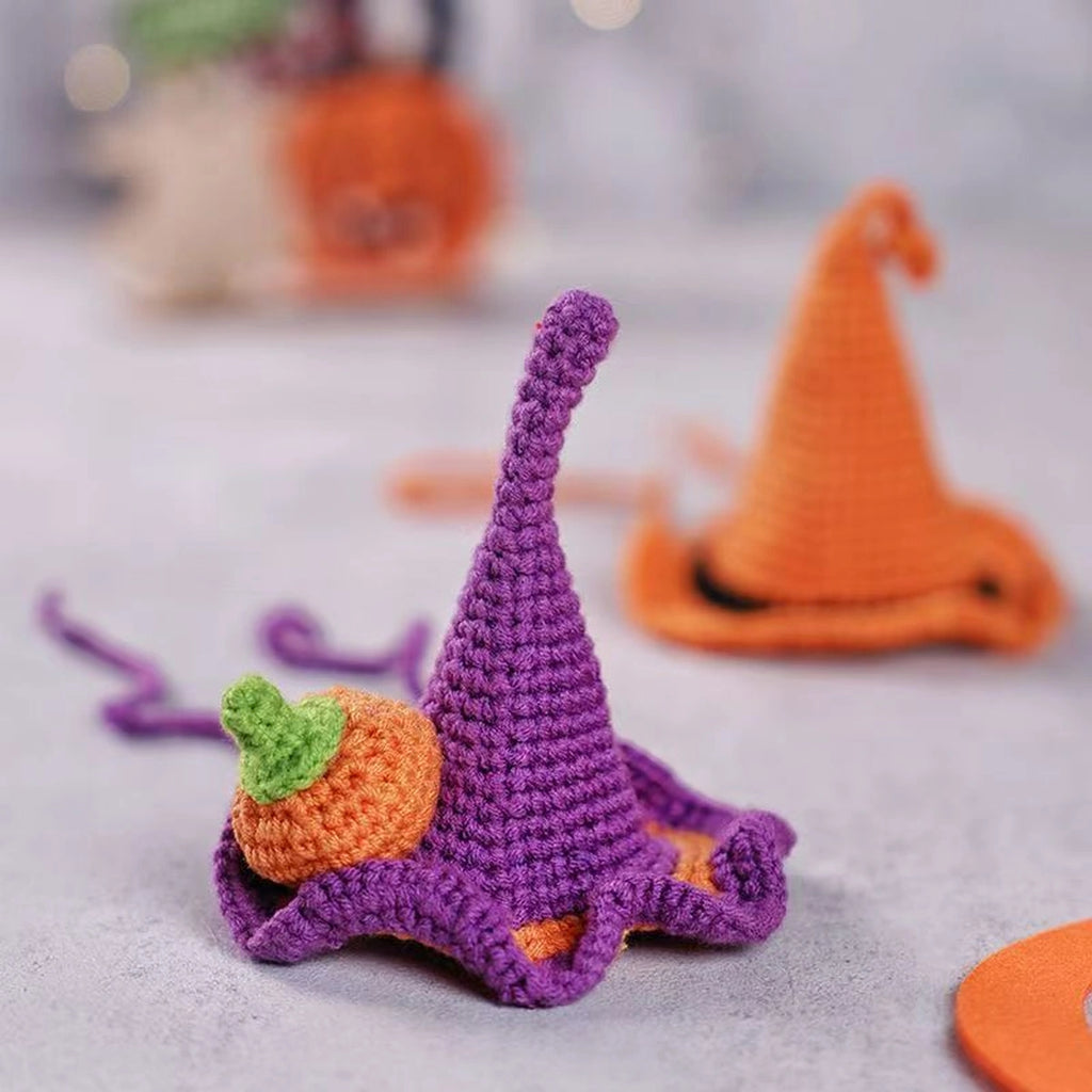 Purple crocheted witch-hat pet costume piece