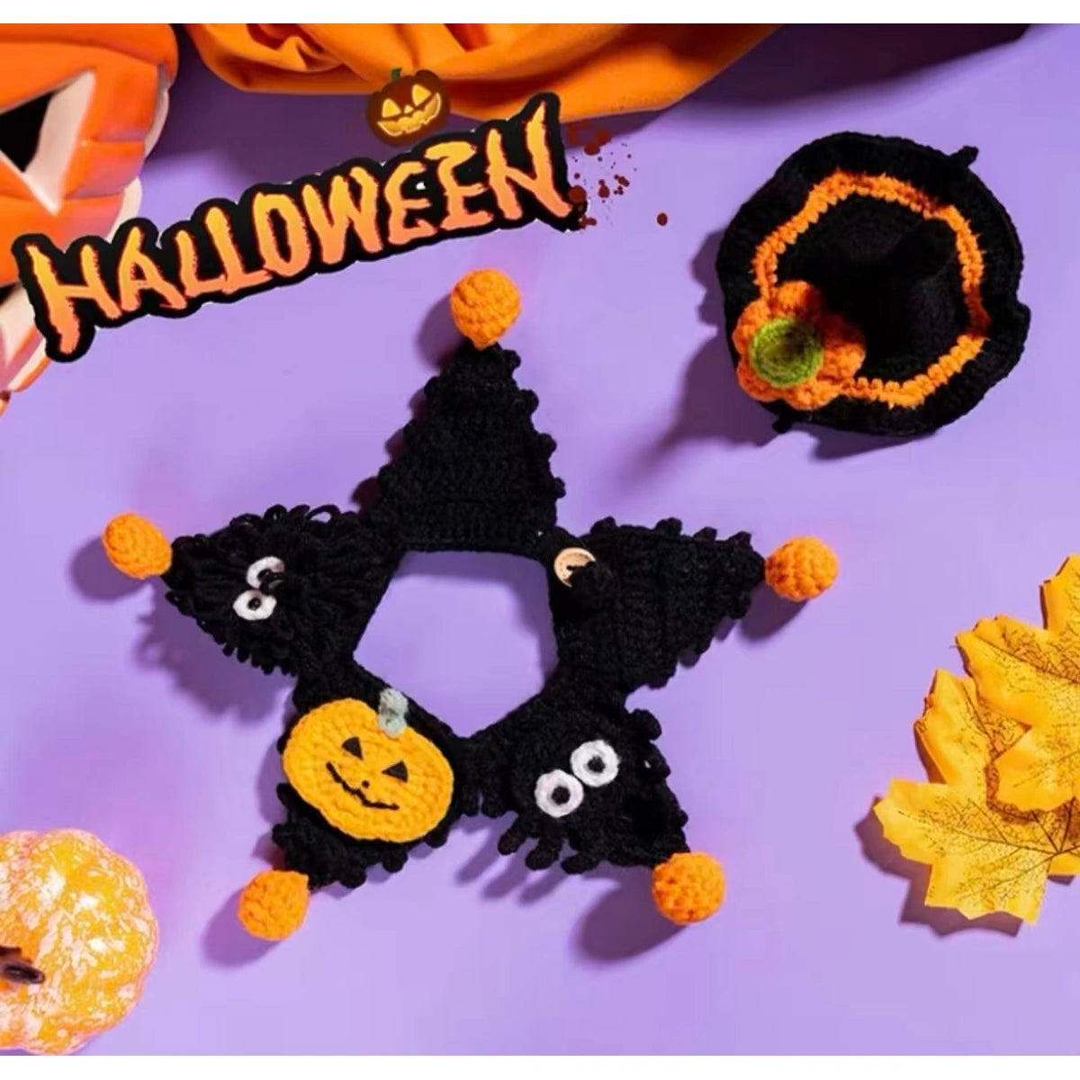 Black cat crochet collar with pumpkin charm