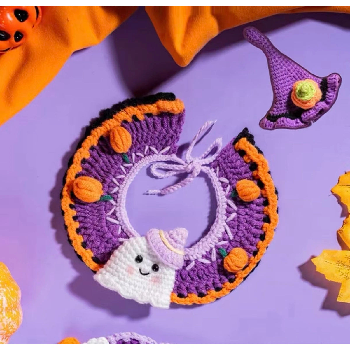 Purple ghost crochet collar with circular shape