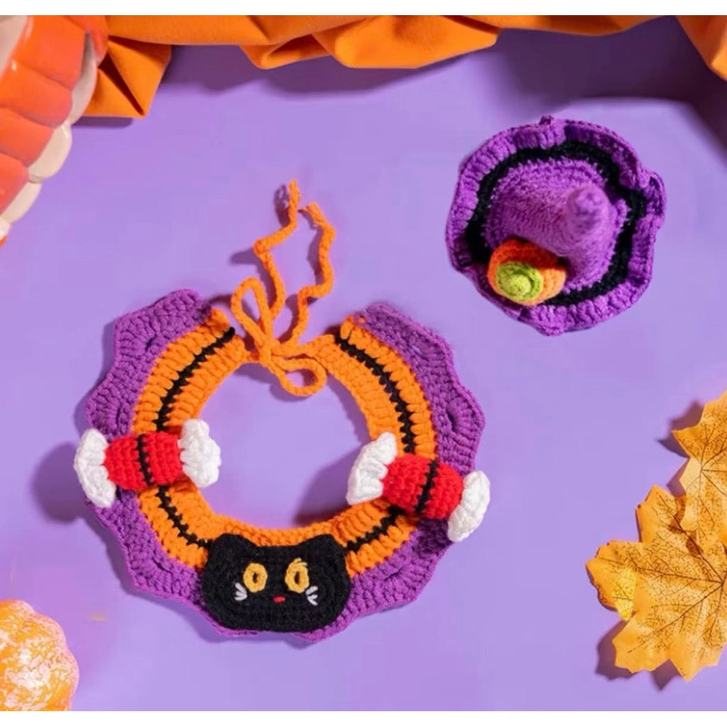 Purple spiderweb crochet collar with cat motif
