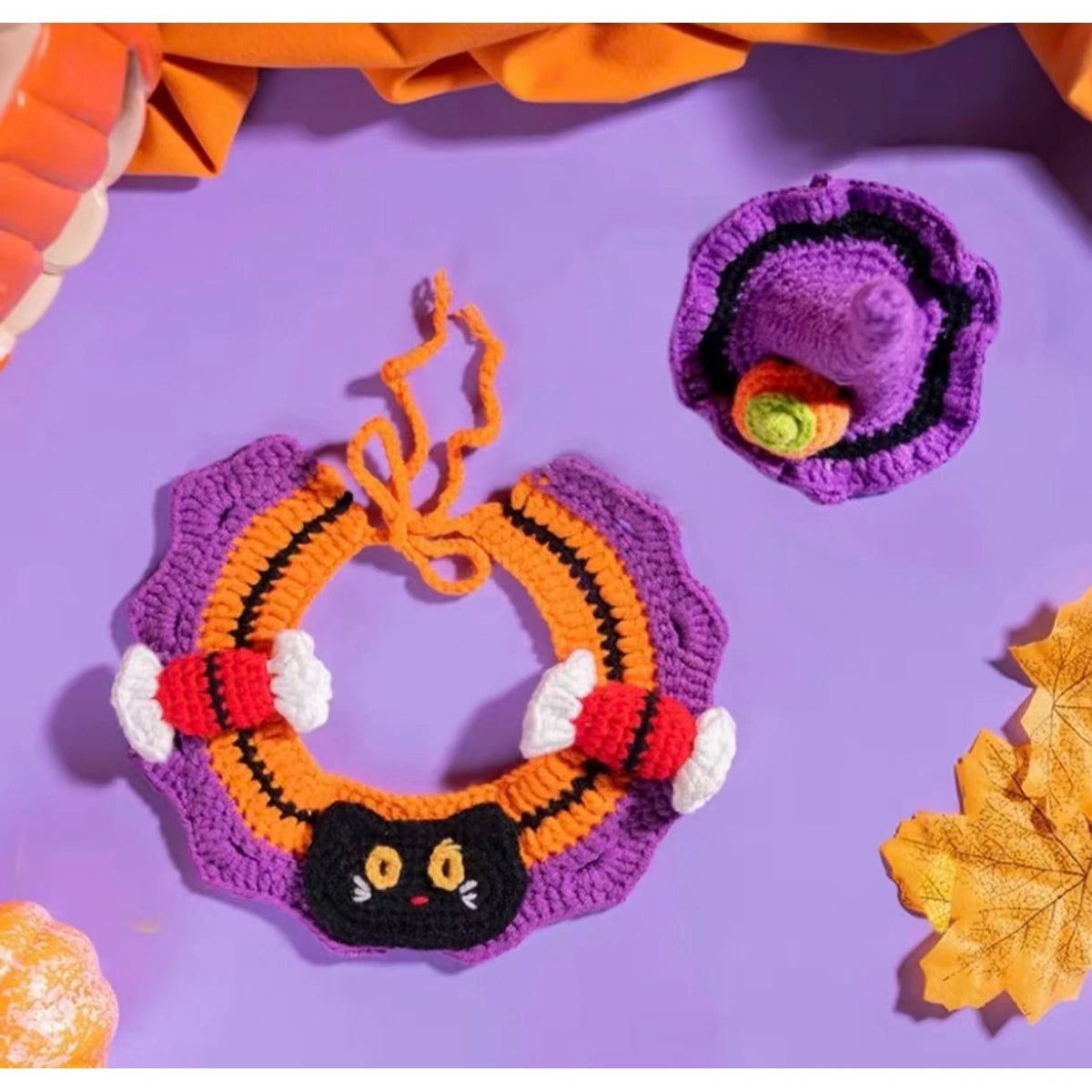 Purple spiderweb crochet collar with cat motif