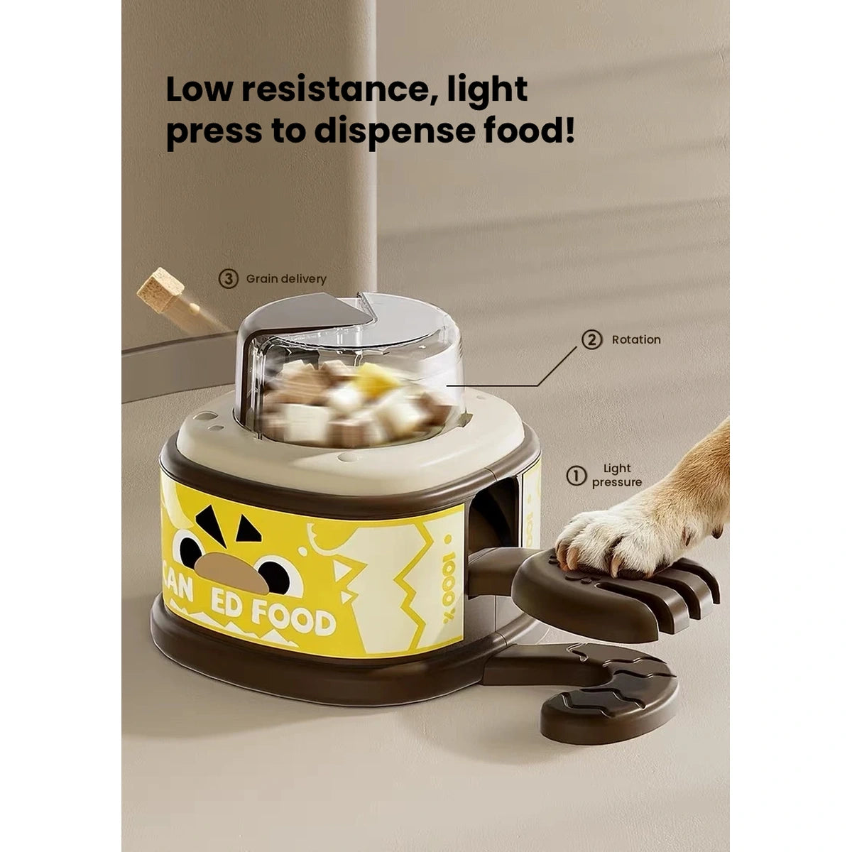 Dog beside press-to-dispense treat container