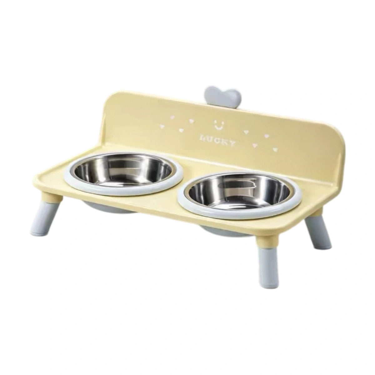Yellow raised feeding station with two steel bowls