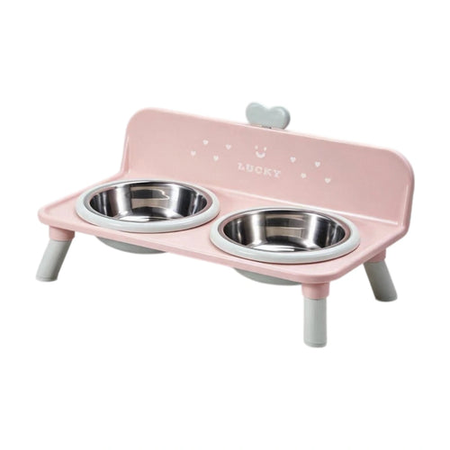 Pink raised pet feeding station with two steel bowls