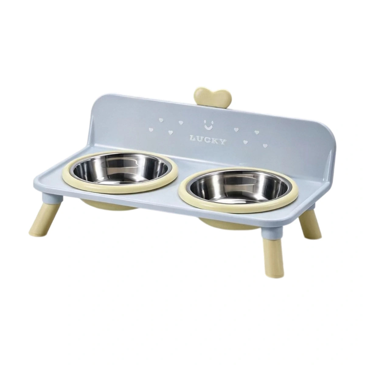Blue raised feeding station with steel bowls