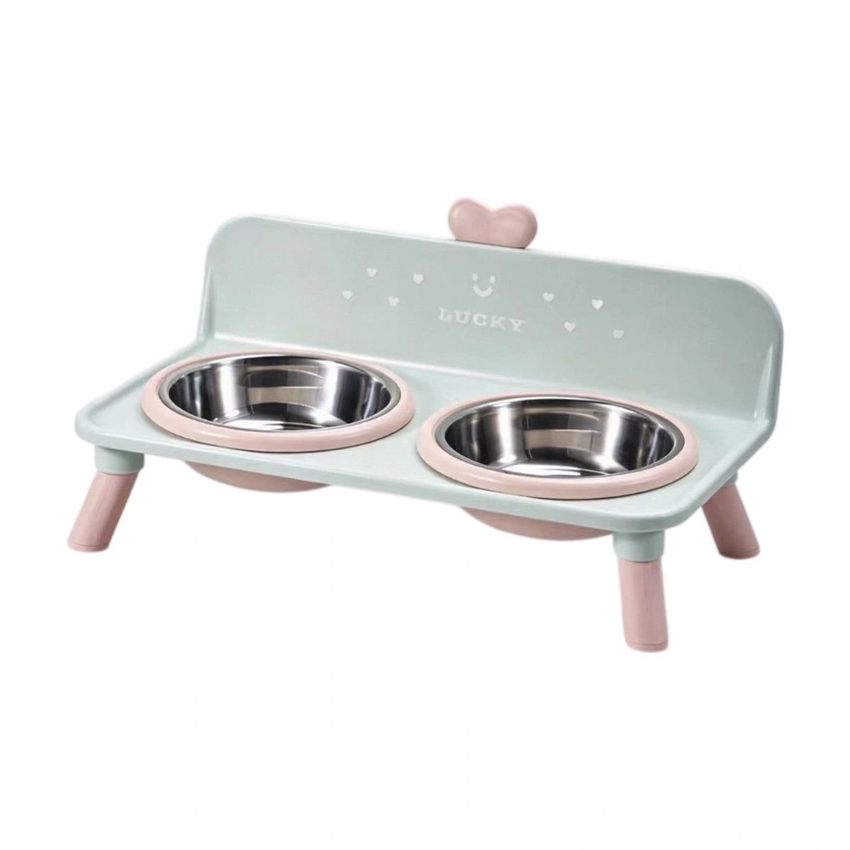 Green raised feeding station with steel bowls