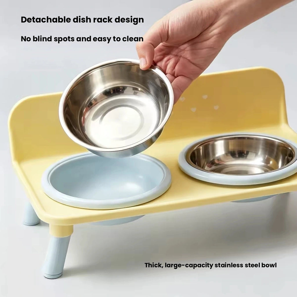 Removable stainless steel bowls above feeding station
