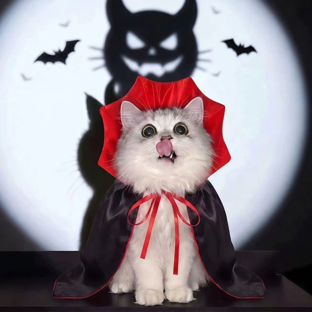 Vampire pet cape shown with dark Halloween backdrop