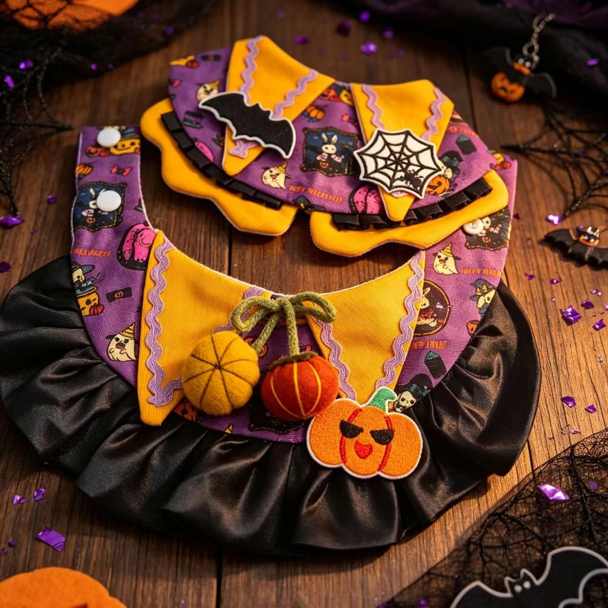 Close view of orange pumpkin pet bib