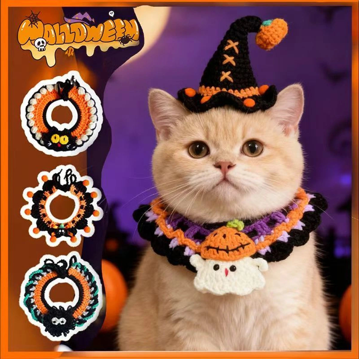 Cat wearing orange Halloween hat and knit collar