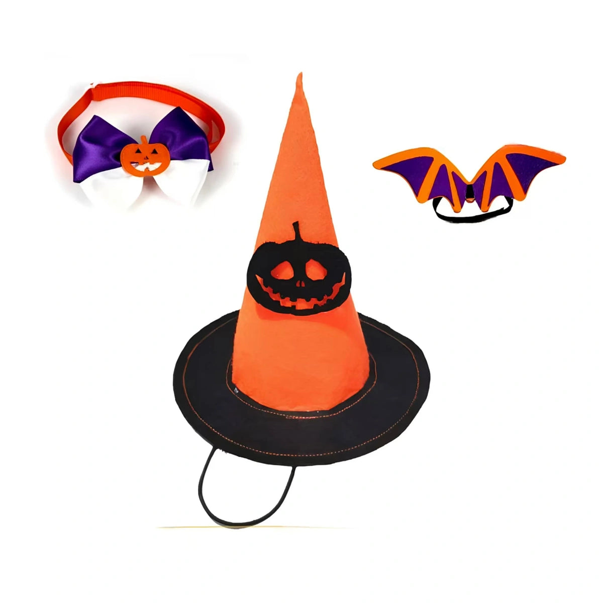 Orange witch hat and bat-wing Halloween pet accessories