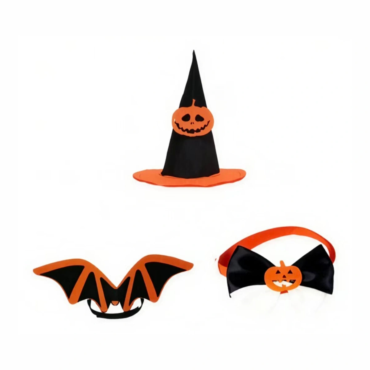 Witch hat, bat wings and matching neck accessory laid flat