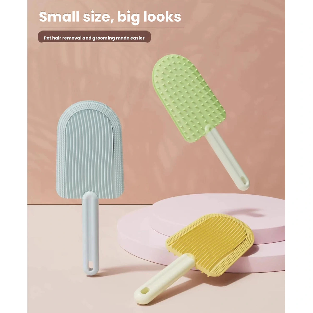 Reusable pet hair brush shown in three colours