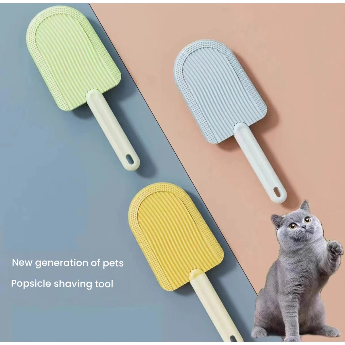 Three rubber-style hair remover brushes beside a cat