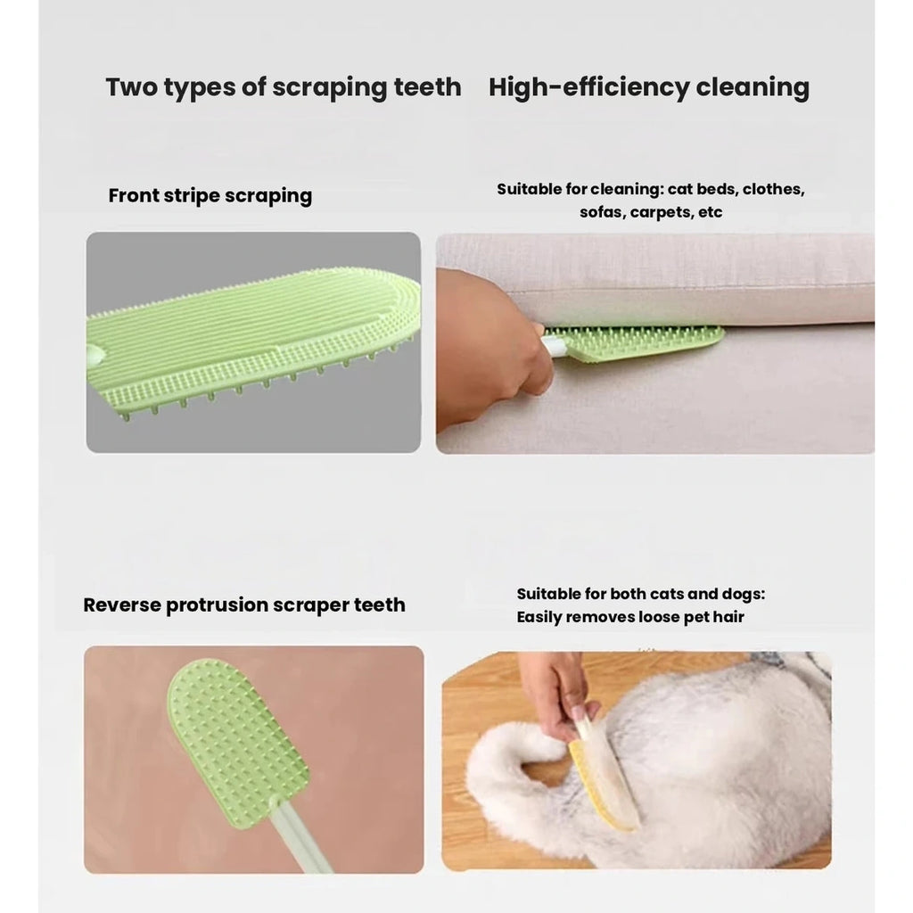 Hair remover brush shown with scraping edge on fabric