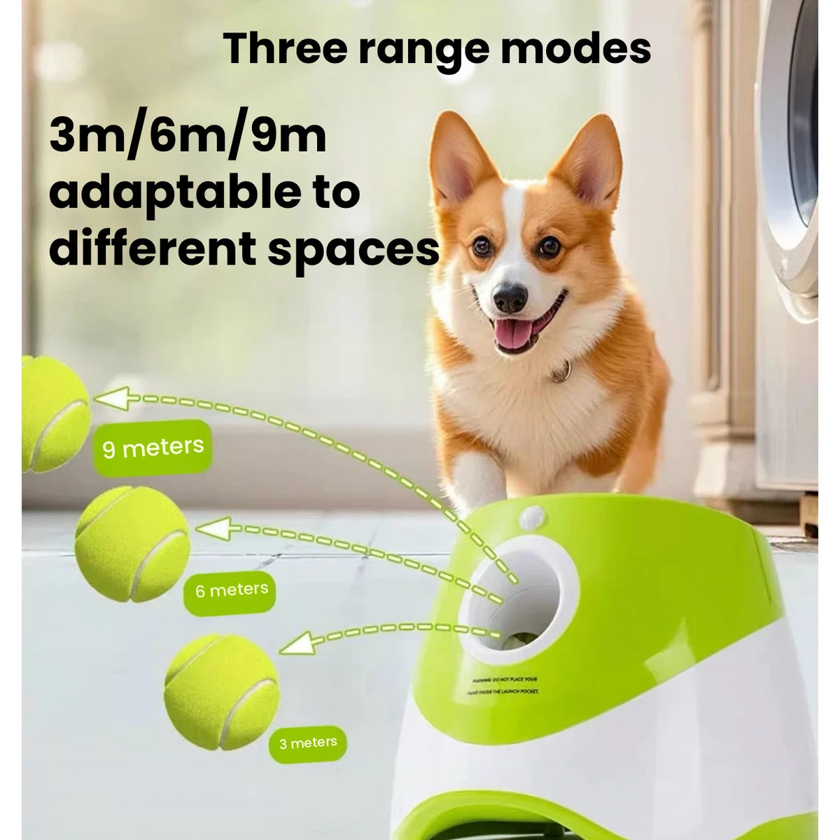 Hipidog launcher diagram showing three ball-launch ranges