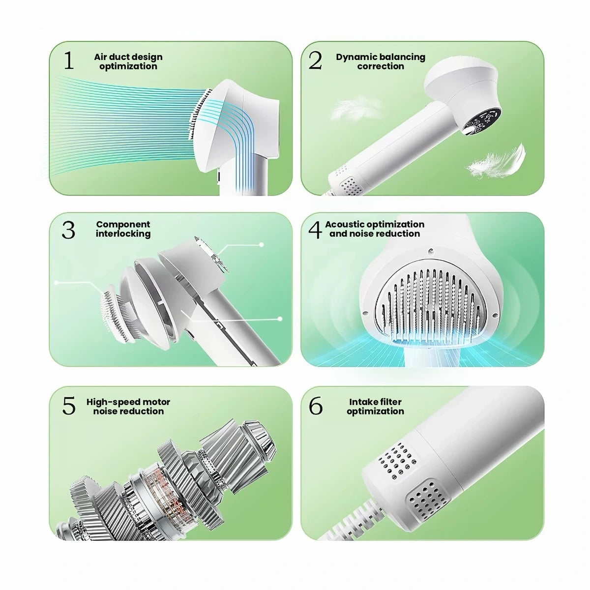 Six views showing removable brush and dryer parts