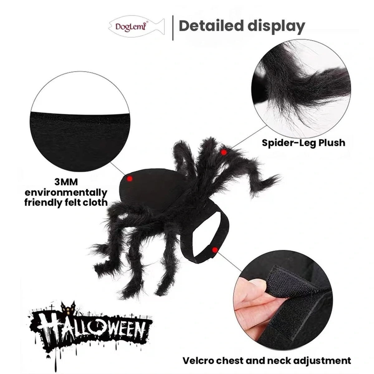Spider pet costume fabric and fastening details