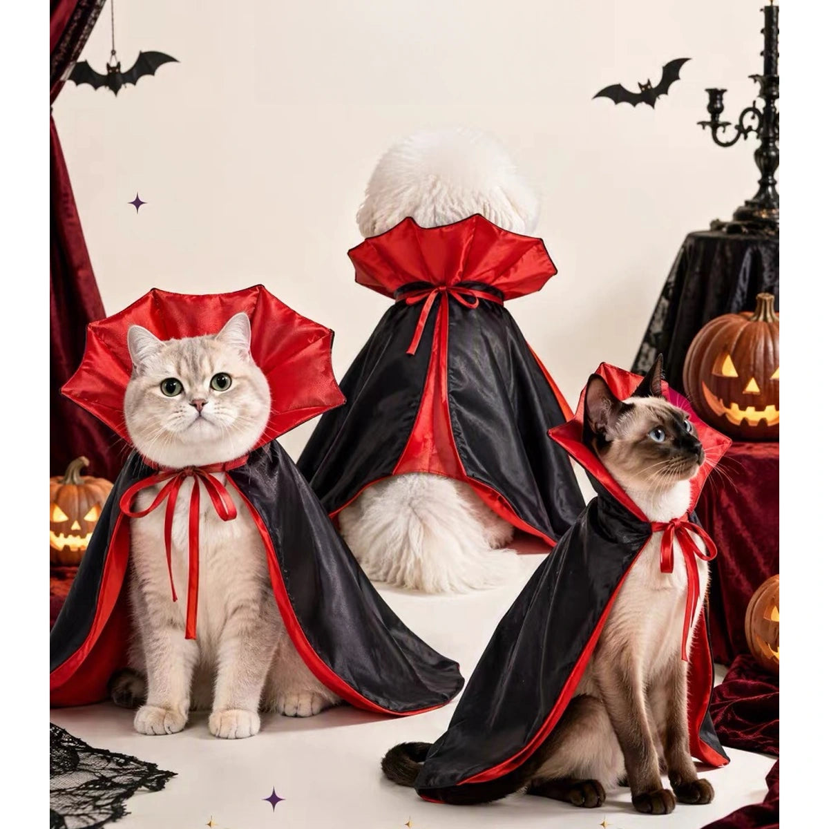 Rear views of red Vampire Cape on cats