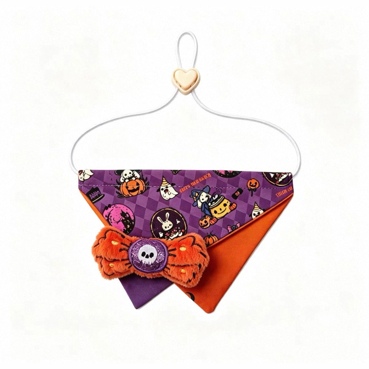 Purple and orange skull-bow bandana shown flat