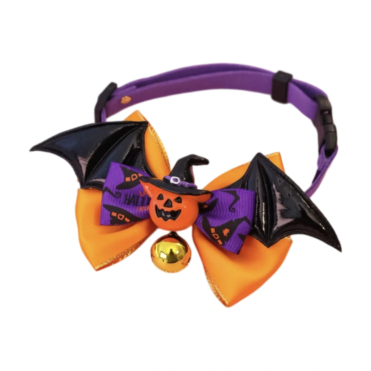 Purple and orange bat-wing bow pet collar