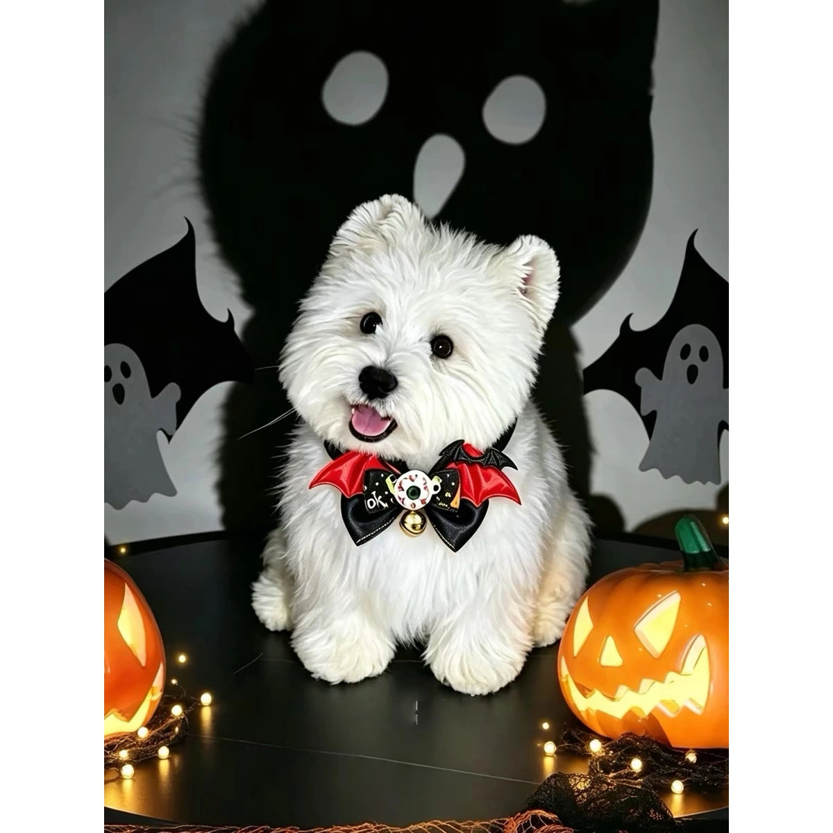 Small white dog wearing Halloween bow collar