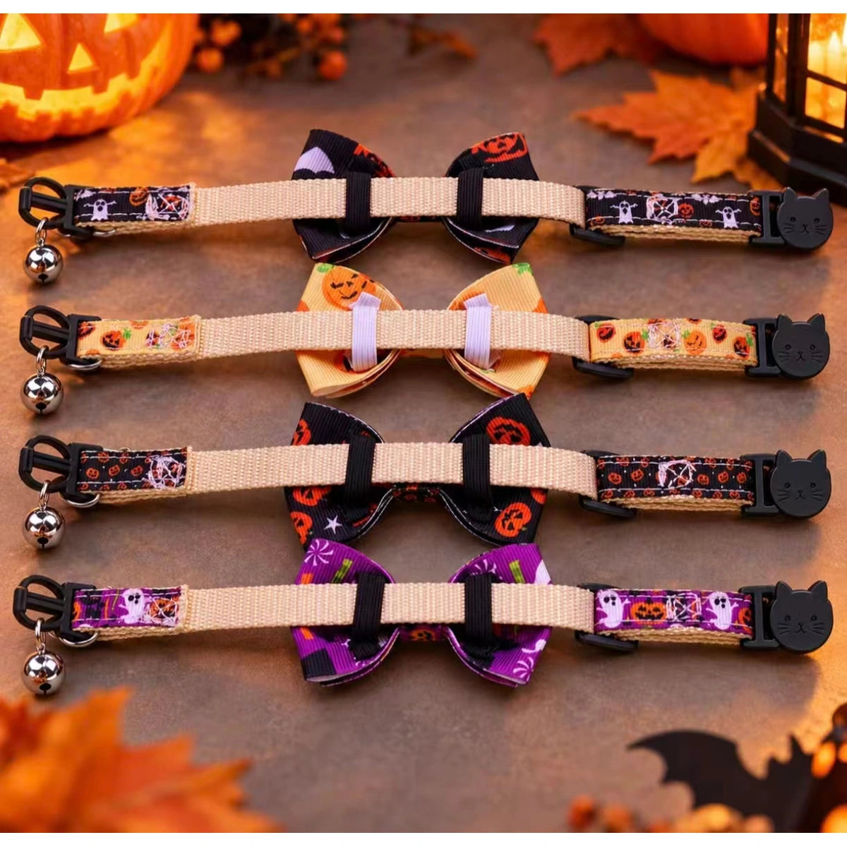 Halloween pet collars shown with adjustable straps