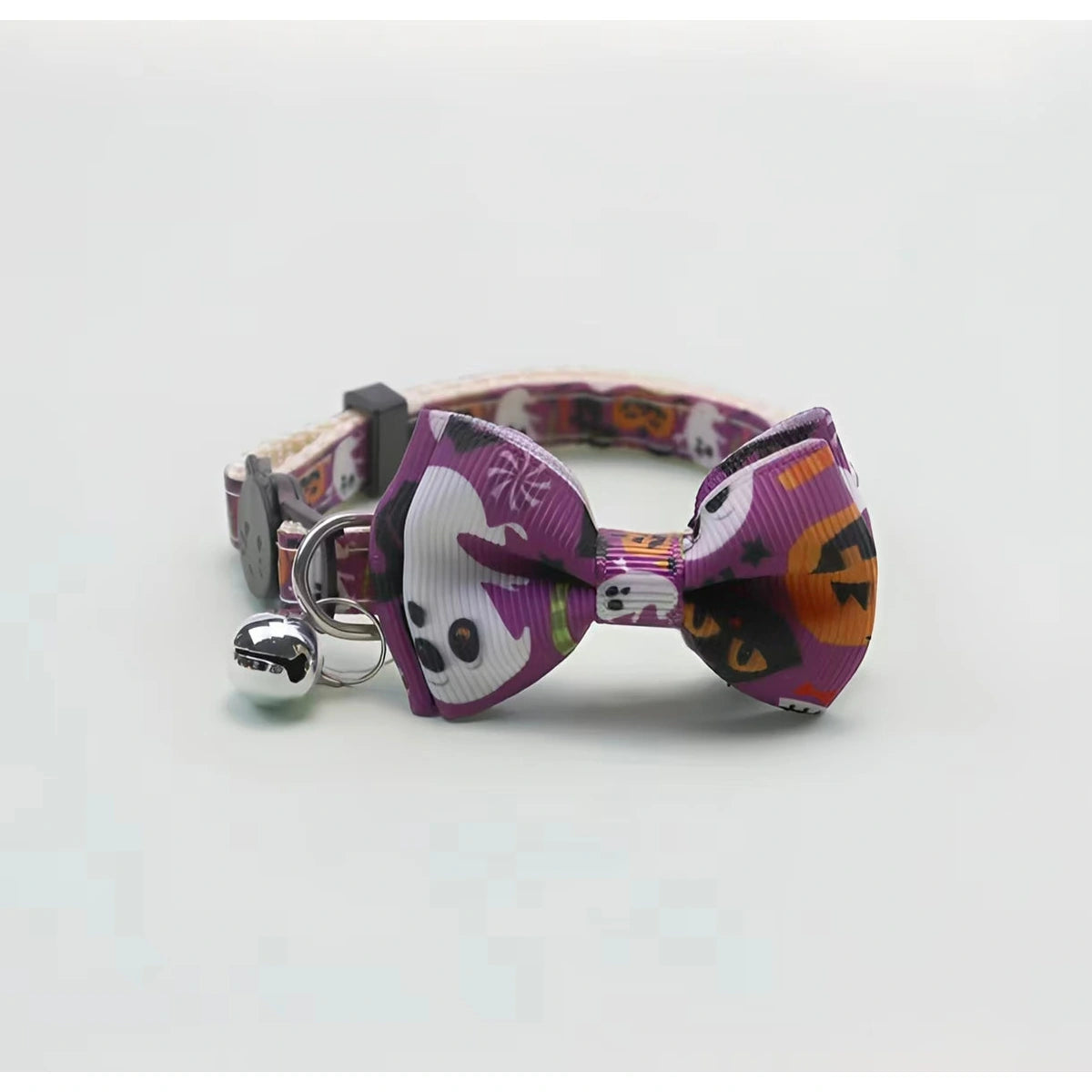 Purple cat-themed bow pet collar