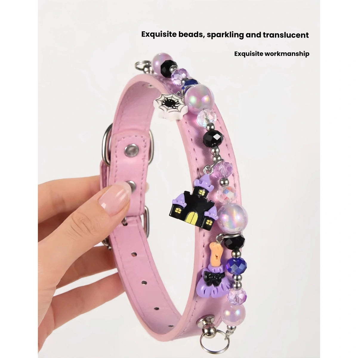 Pink pet collar with dangling Halloween beads