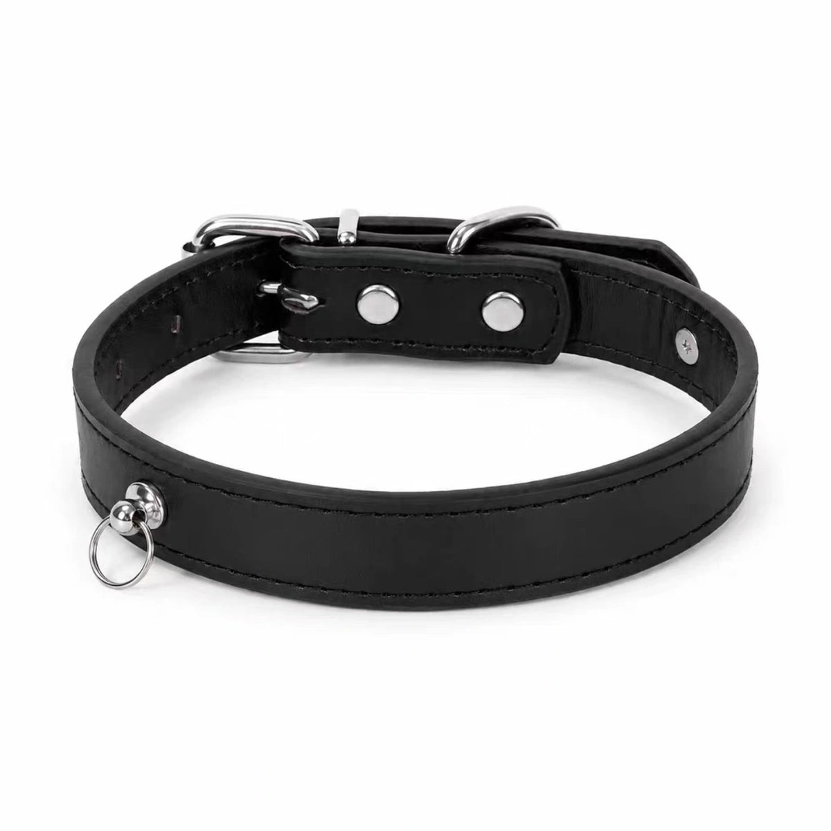 Black adjustable pet collar laid flat