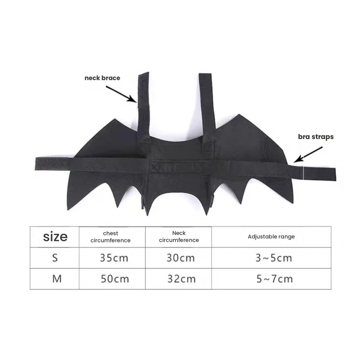 Bat-wing costume size and measurement diagram