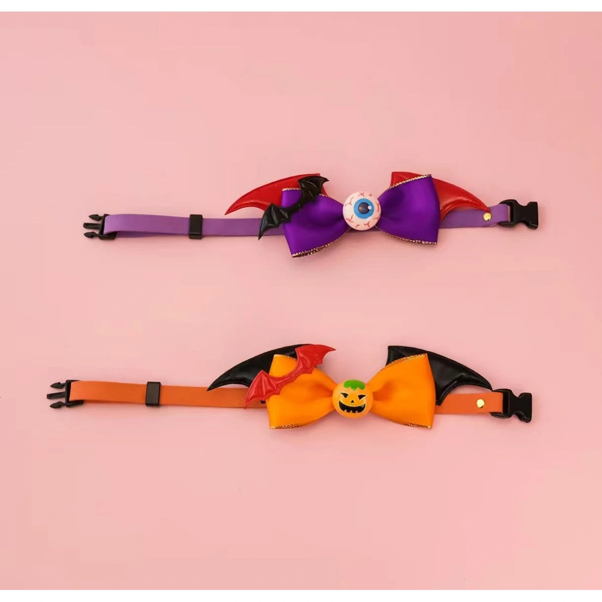 Adjustable straps of purple and orange bow collars