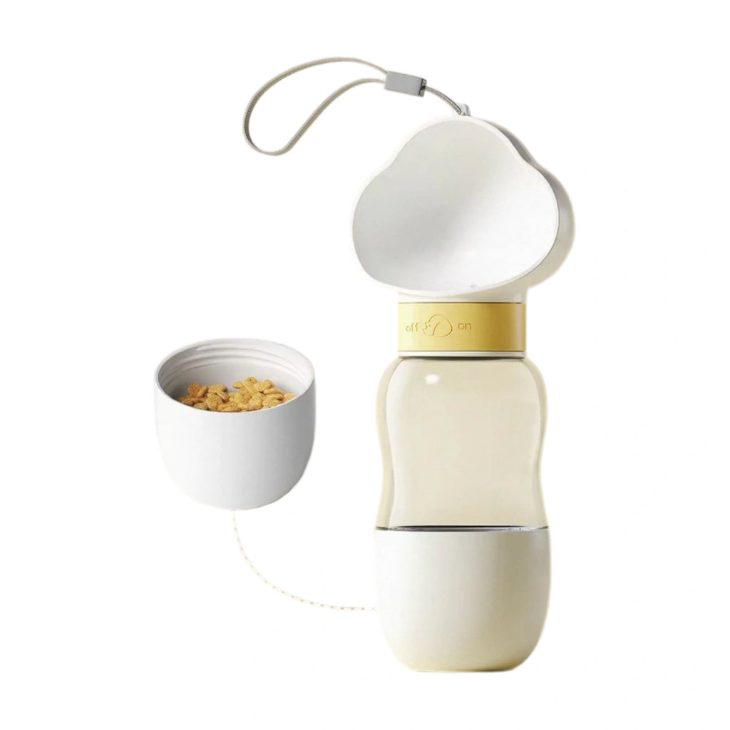 White Hipidog portable dog water bottle with attached food cup and carrying strap