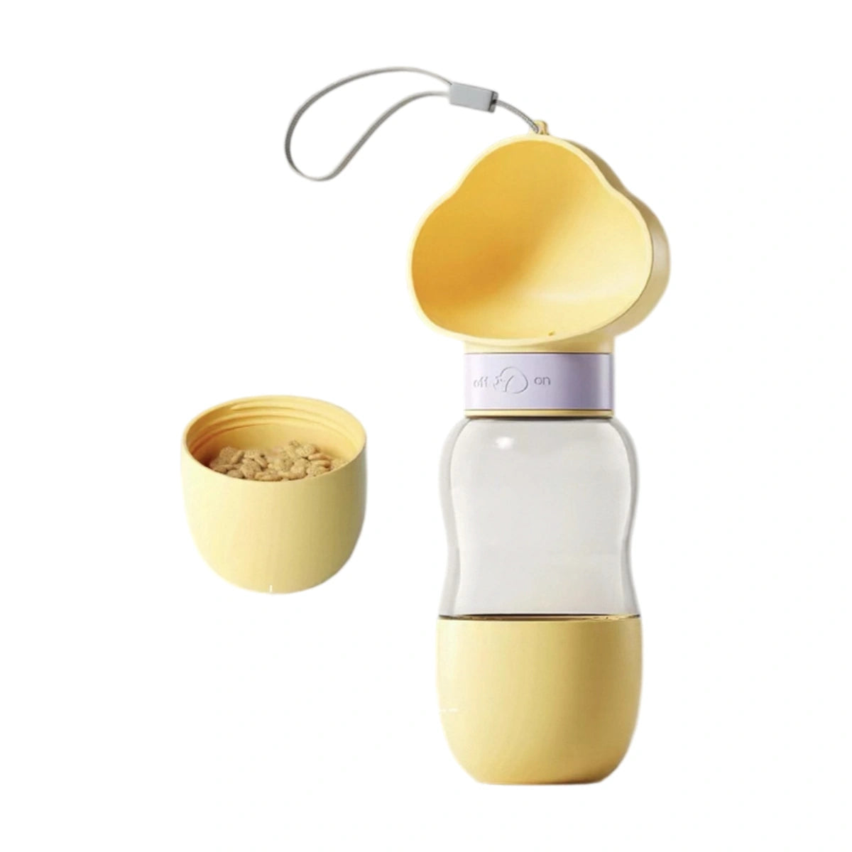 Yellow Hipidog portable dog water bottle with attached food cup