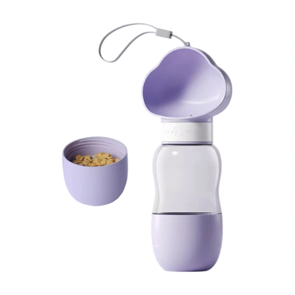 Purple Hipidog portable dog water bottle with attached food cup
