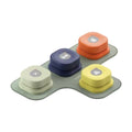 Four coloured MewooFun recordable pet buttons arranged on their mats