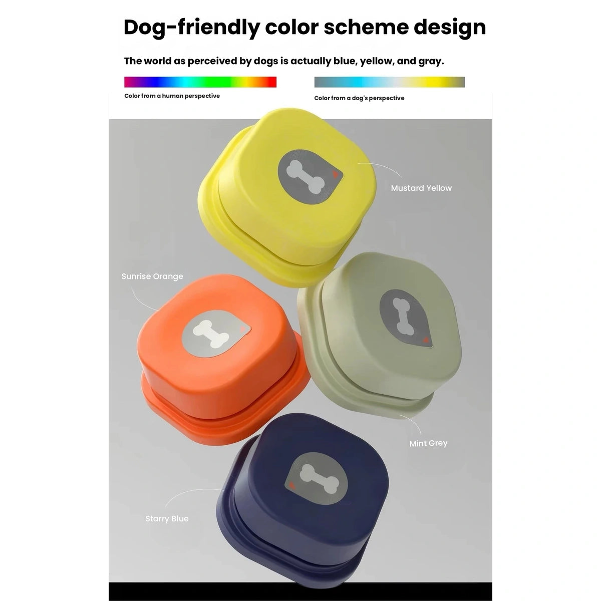Four MewooFun buttons in yellow, orange, green and blue