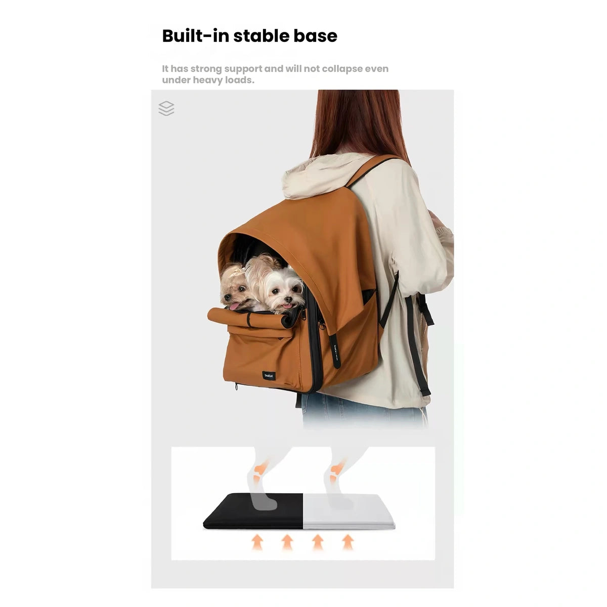 Person wearing an orange SmallCat pet carrier backpack