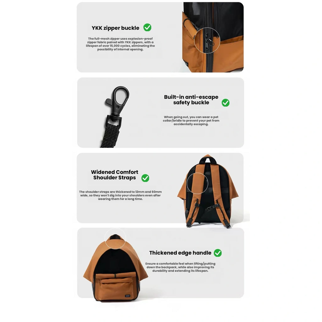 Orange SmallCat backpack feature panel with carry and mesh details