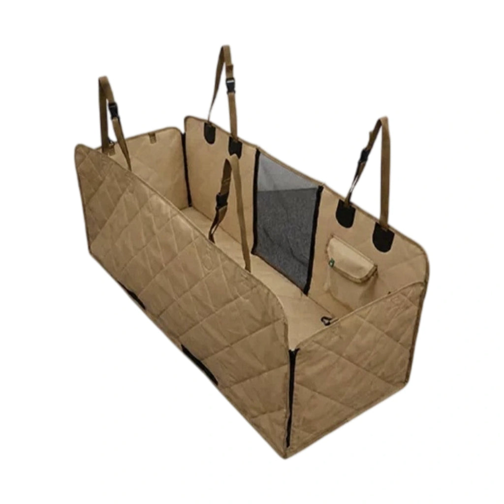 Brown Touchdog rear-seat pet cover laid flat with side panels